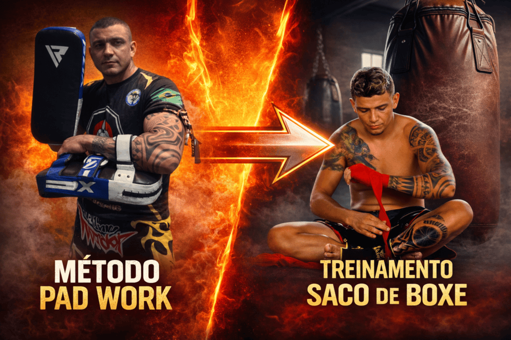Combate de Muay Thai e kickboxing com treino de boxe e pad work.